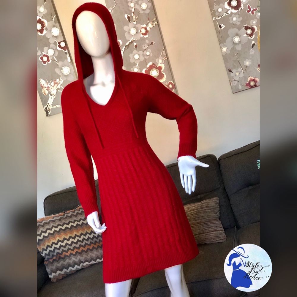 Red Hooded V-Neck Sweater Dress